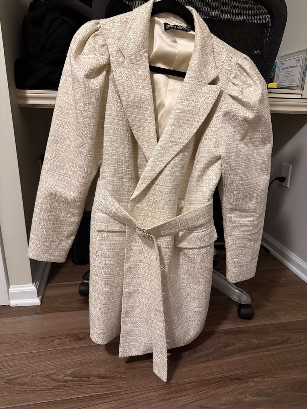 Lavish Alice Cream Textured Mini Coat Dress with bejeweled belt